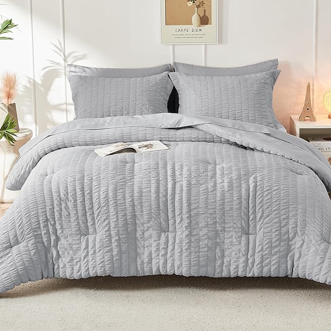 HYMOKEGE Seersucker Comforter Set Full Size 3 Pieces, Lightweight Comforter Sets for Bedding, Bed Set with 1 All Season Soft Down Alternative Comforter and 2 Pillow Shams, Light Grey - LeafyLoom