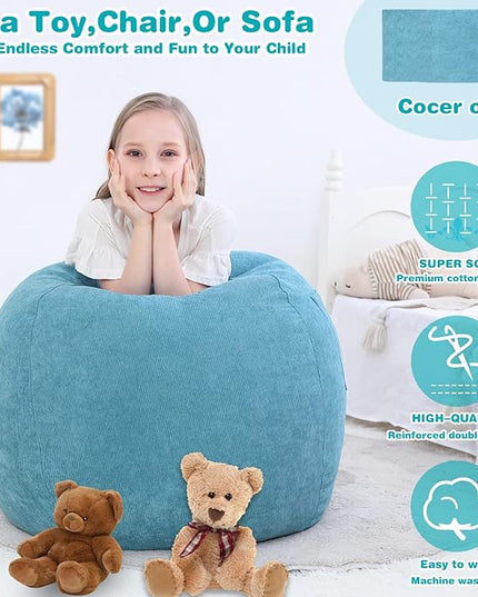 Stuffed Animal Storage Bean Bag Chair Cover (No Filler) for Kids and Adults.Soft Premium Corduroy Stuffable Beanbag for Organizing Children Plush Toys or Memory Foam Small 100L(LightBlue) - LeafyLoom