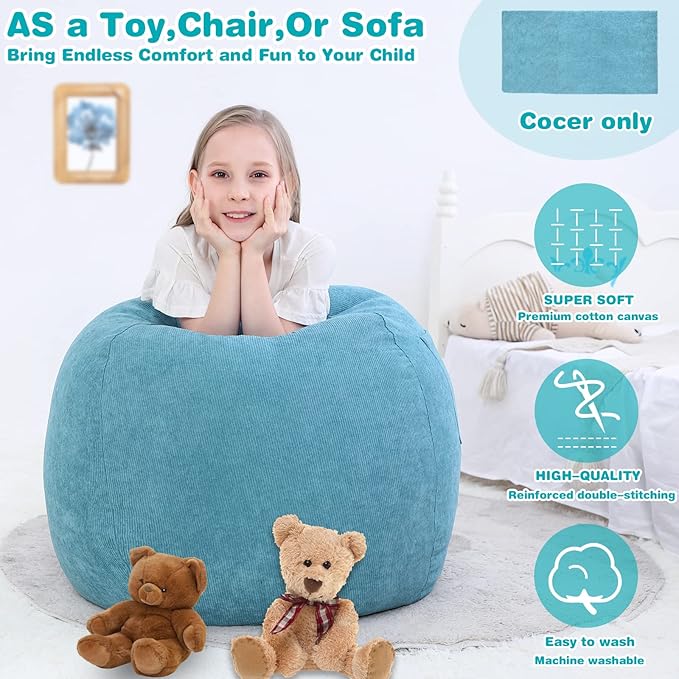 Stuffed Animal Storage Bean Bag Chair Cover (No Filler) for Kids and Adults.Soft Premium Corduroy Stuffable Beanbag for Organizing Children Plush Toys or Memory Foam Small 100L(LightBlue) - LeafyLoom
