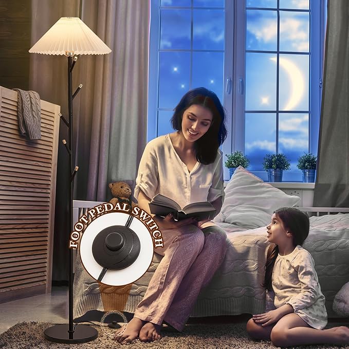 Unique Floor Lamps Modern,Black Simple Floor Lamp with Coat Rack,Tree LED standing lamp ,Lamparas De Pie Para Sala for Living Room Office or Bedroom - Includes Two Pleated Lampshades (Beige+Green) - LeafyLoom