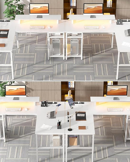 Unikito Reversible L Shaped Desk with Power Outlets and Smart LED Light, 55 Inch Computer Office Desk, Unique Grid Design, Corner Writing Gaming Table with Monitor Stand and Storage Shelf, White - LeafyLoom