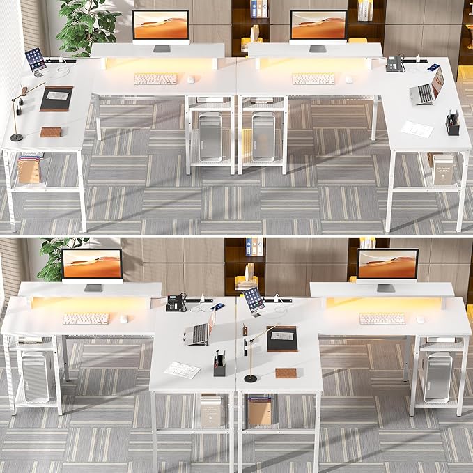 Unikito Reversible L Shaped Desk with Power Outlets and Smart LED Light, 55 Inch Computer Office Desk, Unique Grid Design, Corner Writing Gaming Table with Monitor Stand and Storage Shelf, White - LeafyLoom