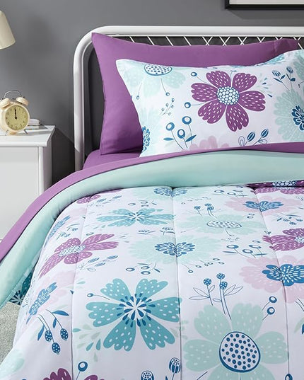 Amazon Basics 5 Piece Microfiber Kid's Bed-in-a-Bag Bedding Set, Twin, Bluish Flowers, Floral - LeafyLoom
