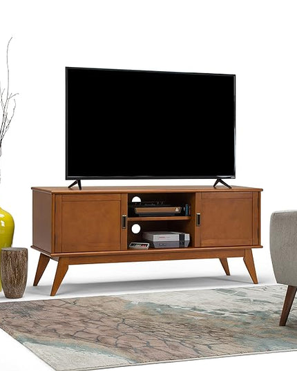 SIMPLIHOME Draper SOLID WOOD Universal TV Media Stand, 60 Inch Wide, Modern Industrial, Living Room Entertainment Center, for Flat Screen TVs up to 70 Inch in Teak Brown - LeafyLoom