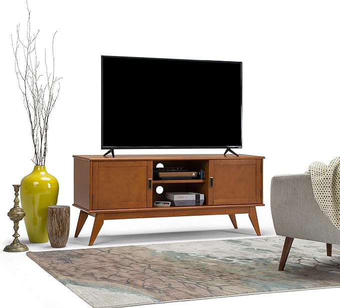 SIMPLIHOME Draper SOLID WOOD Universal TV Media Stand, 60 Inch Wide, Modern Industrial, Living Room Entertainment Center, for Flat Screen TVs up to 70 Inch in Teak Brown - LeafyLoom