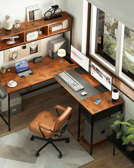 Yoobure L Shaped Desk with LED Strip & Power Outlet, Reversible L-Shaped Computer Desk, Corner Desks Home Office Desk with Drawer, Gaming Desk - LeafyLoom
