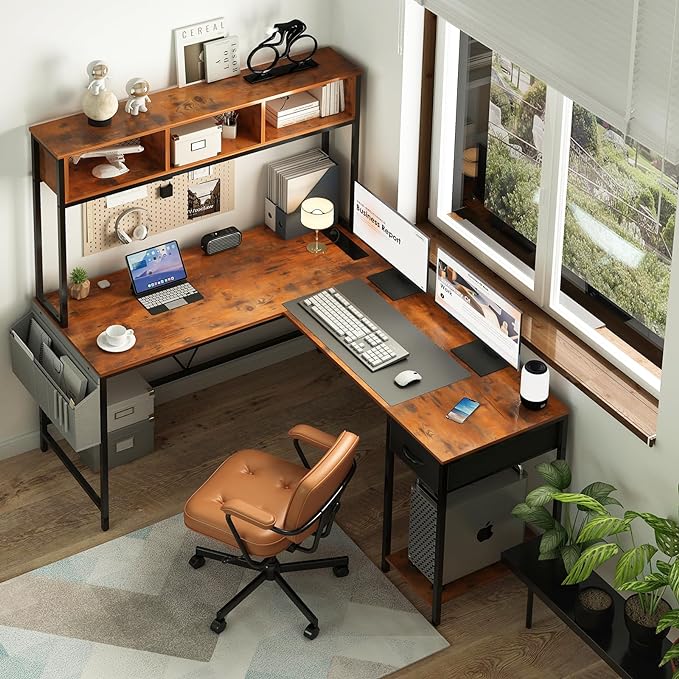 Yoobure L Shaped Desk with LED Strip & Power Outlet, Reversible L-Shaped Computer Desk, Corner Desks Home Office Desk with Drawer, Gaming Desk - LeafyLoom