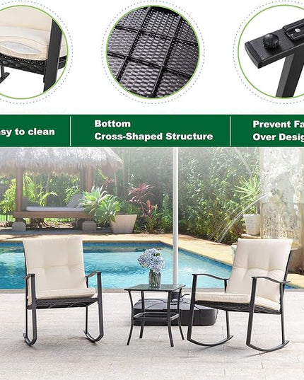 Shintenchi Outdoor 3-Piece Rocking Bistro Set,Wicker Patio Furniture Porch Chairs Conversation Sets with Glass Coffee (Beige Cushion) - LeafyLoom