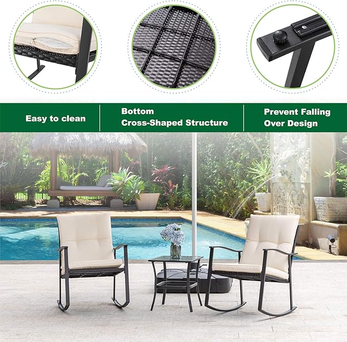 Shintenchi Outdoor 3-Piece Rocking Bistro Set,Wicker Patio Furniture Porch Chairs Conversation Sets with Glass Coffee (Beige Cushion) - LeafyLoom