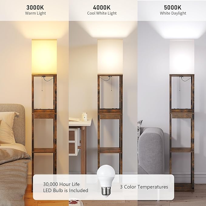 SUNMORY Floor Lamp with Shelves, Modern Dimmable Standing Lamp with Drawer & 2 USB Ports & 2 Power Outlet, Corner Tall Shelf Lamp for Living Room and Bedroom (Rustic Browm) - LeafyLoom