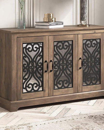 Galano Calidia 3 Door Sideboard, Kitchen Storage Sideboard Buffet Cabinet Console with Acrylic Mirror Doors & Adjustable Shelves, 15.67" D x 45.71" W x 29.29" H, Knotty Oak - LeafyLoom