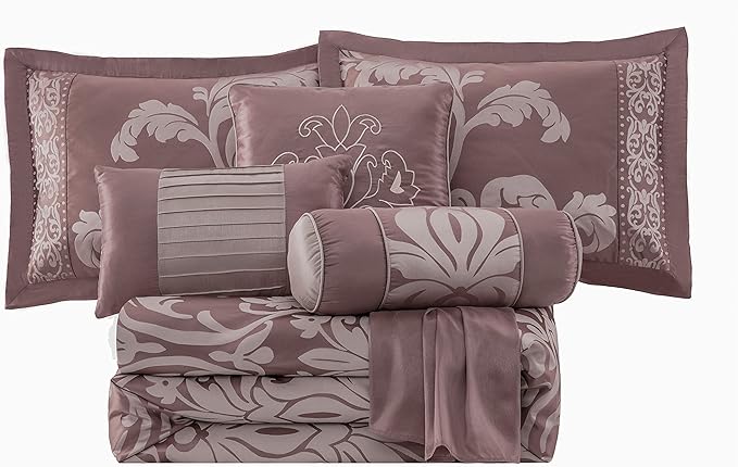 Chezmoi Collection 7-Piece Jacquard Floral Comforter Set (Full, Woodrose/Gray) - LeafyLoom