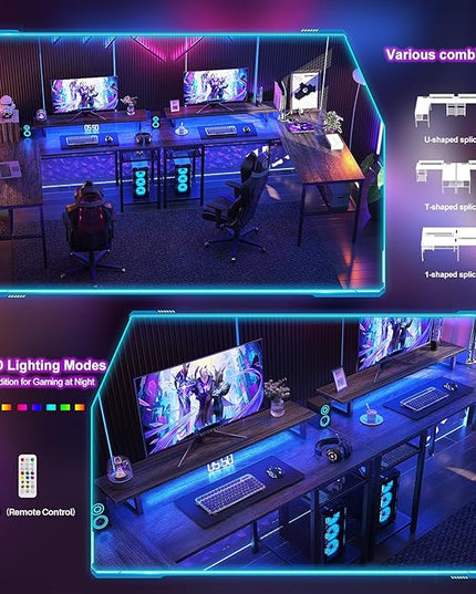 L Shaped Computer Desk with Magic Power Outlets and Smart LED Light, Reversible Office Corner Desk with Ergonomic Monitor Stand, Large Gaming Table with Storage, Sleek Grid Design, Black Oak - LeafyLoom