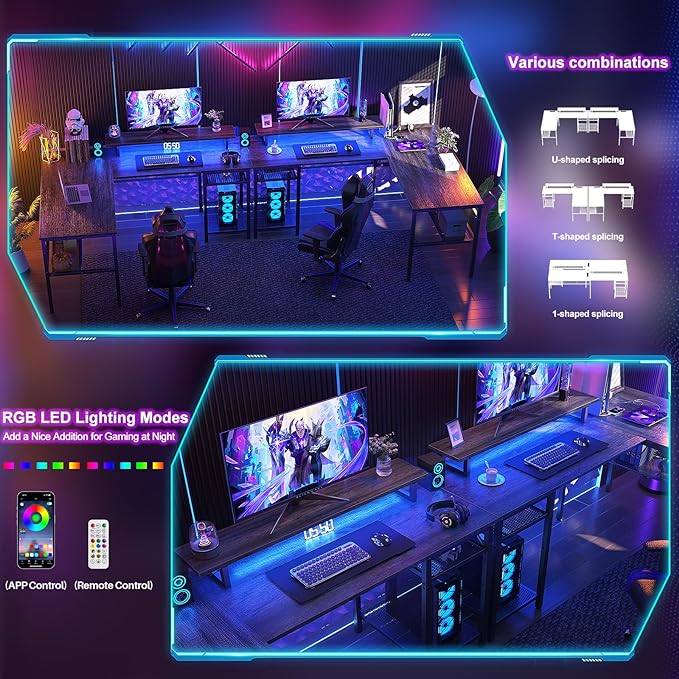 L Shaped Computer Desk with Magic Power Outlets and Smart LED Light, Reversible Office Corner Desk with Ergonomic Monitor Stand, Large Gaming Table with Storage, Sleek Grid Design, Black Oak - LeafyLoom