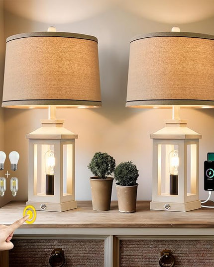 23.75" Retro Farmhouse USB C+A Ports Table Lamp Set of 2 with 3 Way Dimmable Touch Control White Nightlight Vintage Modern Lamp for Living Room Bedroom with 2 Light Sources - LeafyLoom
