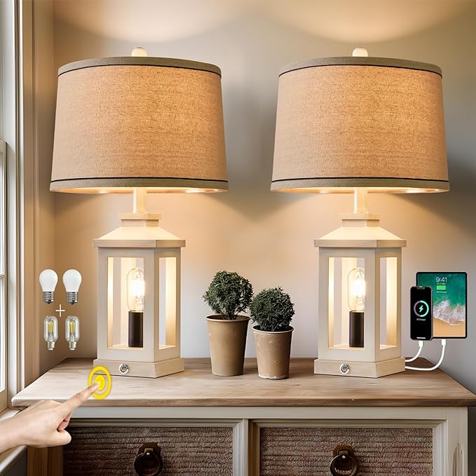 23.75" Retro Farmhouse USB C+A Ports Table Lamp Set of 2 with 3 Way Dimmable Touch Control White Nightlight Vintage Modern Lamp for Living Room Bedroom with 2 Light Sources - LeafyLoom