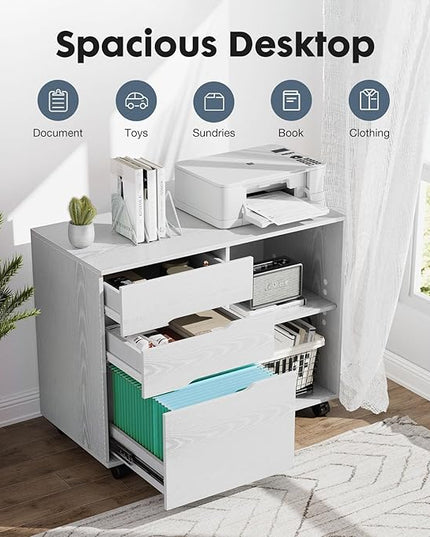 DUMOS Lateral File Cabinet with 3 Drawers Rolling Wooden Printer Stand Under Desk Storage Organizer with 4 Wheels Adjustable Shelf for Office Home, White - LeafyLoom