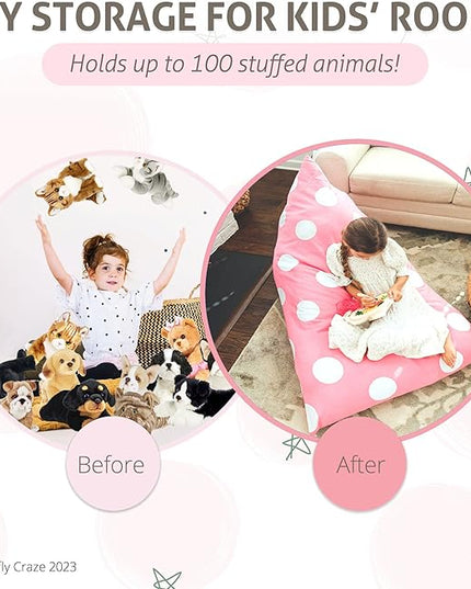 Butterfly Craze Bean Bag Chair Cover, Functional Toddler Toy Organizer, Fill with Stuffed Animals to Create a Jumbo, Comfy Floor Lounger for Boys or Girls, Stuffing Not Included, Light Pink Polka Dots - LeafyLoom