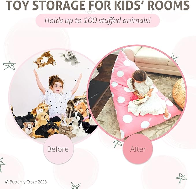 Butterfly Craze Bean Bag Chair Cover, Functional Toddler Toy Organizer, Fill with Stuffed Animals to Create a Jumbo, Comfy Floor Lounger for Boys or Girls, Stuffing Not Included, Light Pink Polka Dots - LeafyLoom
