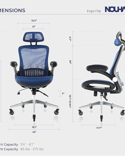 Nouhaus ErgoFlip Ergonomic Office Chair - Mesh Office Chair with Adjustable Headrest, Lumbar Support & Blade Wheels - Executive Swivel Desk Chair, Gaming Chair for Comfort and Durability (Blue) - LeafyLoom