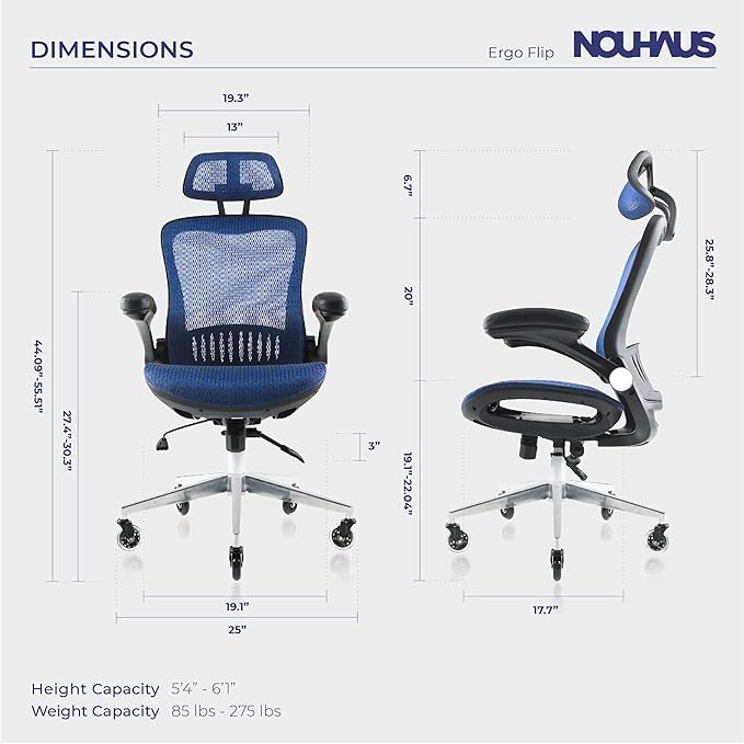 Nouhaus ErgoFlip Ergonomic Office Chair - Mesh Office Chair with Adjustable Headrest, Lumbar Support & Blade Wheels - Executive Swivel Desk Chair, Gaming Chair for Comfort and Durability (Blue) - LeafyLoom