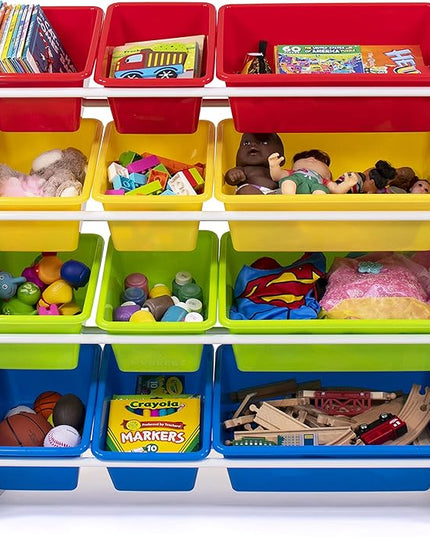 Humble Crew, White/Primary Kids' Toy Storage Organizer with 12 Plastic Bins - LeafyLoom