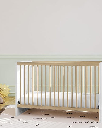 Storkcraft Calabasas 3-in-1 Convertible Crib (White with Driftwood) – GREENGUARD Gold Certified, Fits Standard Crib Mattress, Converts to Toddler Bed, Modern Style, Easy 30-Minute Assembly - LeafyLoom