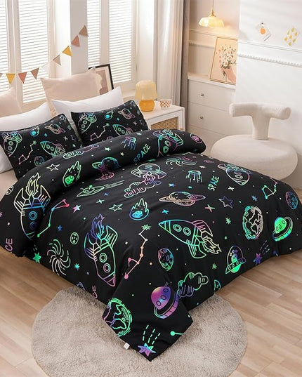 Aimuan Space Bedding Twin Bed Comforter Kids Rocket Bedding Set Super Soft & Cute Aliens UFO Printed for Boys Girls Teen (Black, Twin) - LeafyLoom