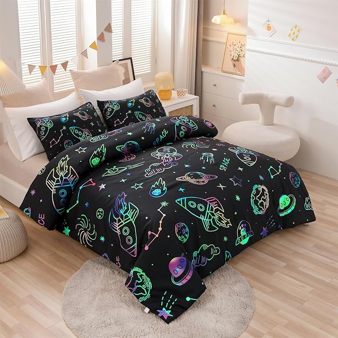 Aimuan Space Bedding Twin Bed Comforter Kids Rocket Bedding Set Super Soft & Cute Aliens UFO Printed for Boys Girls Teen (Black, Twin) - LeafyLoom