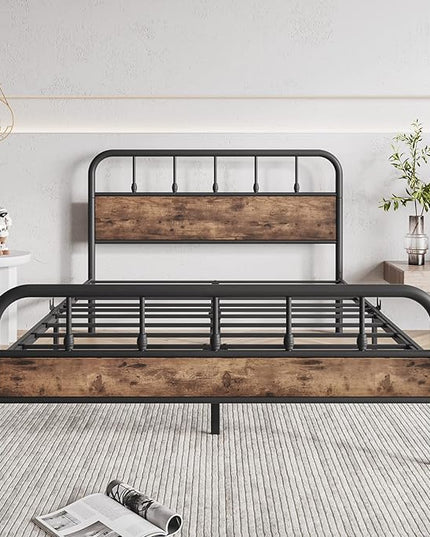 Full Size Metal Bed Frame with Rustic Vintage Wood Headboard and Footboard,Strong Metal Slats Support,No Box Spring Needed,Black - LeafyLoom