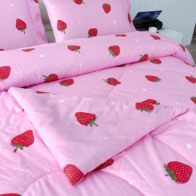 SDY 3PCS Full Size Strawberry Comforter Set, Girls Full Size Comforter Sets, Strawberry Bedroom Decor Cute Comforter Set, Kawaii Bedding Set Pink Comforter for Kids, Children, Teen… - LeafyLoom