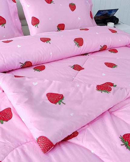 SDY 3PCS Twin Size Strawberry Comforter Set, Pink Bed Set Bed in a Bag, Princess Twin Bedding Set, Kawaii Room Decor, Strawberry Bedding Kids Twin Size Comforter Set for Girls, Teen… - LeafyLoom