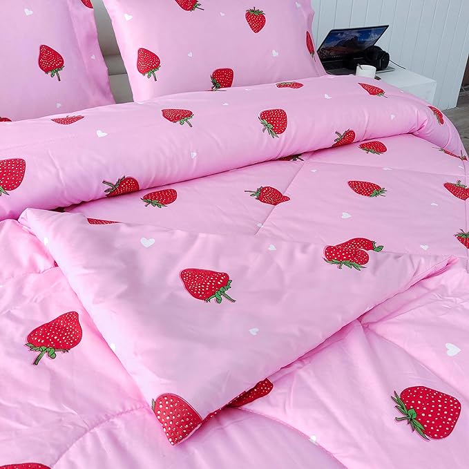 SDY 3PCS Twin Size Strawberry Comforter Set, Pink Bed Set Bed in a Bag, Princess Twin Bedding Set, Kawaii Room Decor, Strawberry Bedding Kids Twin Size Comforter Set for Girls, Teen… - LeafyLoom
