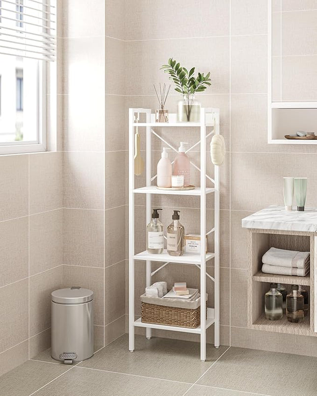 Bookshelf, Book Shelf, Industrial Bookcase with 2 Hooks, Coner Shelf Storage Organizer for Home Office, Living Room, Bedroom, Kitchen, 4-Tier White BC10413W - LeafyLoom