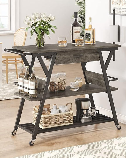 Bestier Coffee Bar Station, Kitchen Island Cart with Storage, Coffee Cart with Drawer, Paper Towel Holder and Lockable Wheels, Bar Table for Dinning Room Living Room, Gray - LeafyLoom