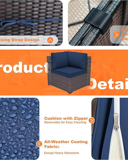 Patio Furniture Set with Fire Pit Table 13 PCS Outdoor Sectional Furniture Outdoor Rattan Patio Conversation Sets with 43in 55,000 BTU Propane Gas Fire Pit Table Glass Table, Navy Blue - LeafyLoom