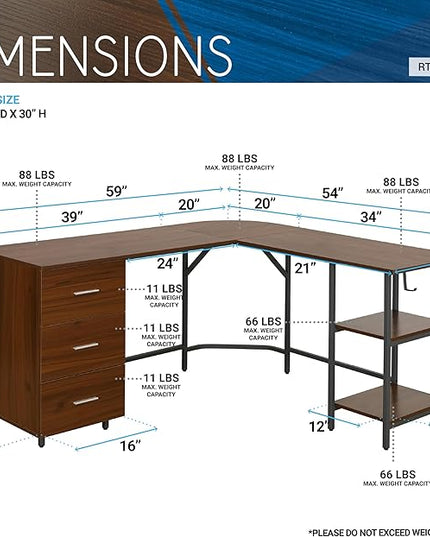 Techni Mobili L Shaped Desk - Two-Toned Computer Desk with Drawers & Storage Shelves - Simple Modern Furniture & Home Office Space Corner Table for Work & Writing - LeafyLoom