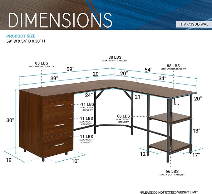 Techni Mobili L Shaped Desk - Two-Toned Computer Desk with Drawers & Storage Shelves - Simple Modern Furniture & Home Office Space Corner Table for Work & Writing - LeafyLoom