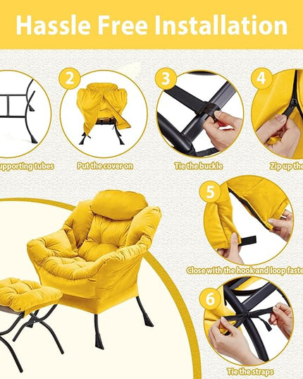 Lazy Chair with Folding Ottoman, Accent Chair Velvet Upholstered with Metal Structure and Non-Slip Pads, Sofa Armchair with Footrest and Side Storage Bag for Dorm, Room, Office, Yellow - LeafyLoom