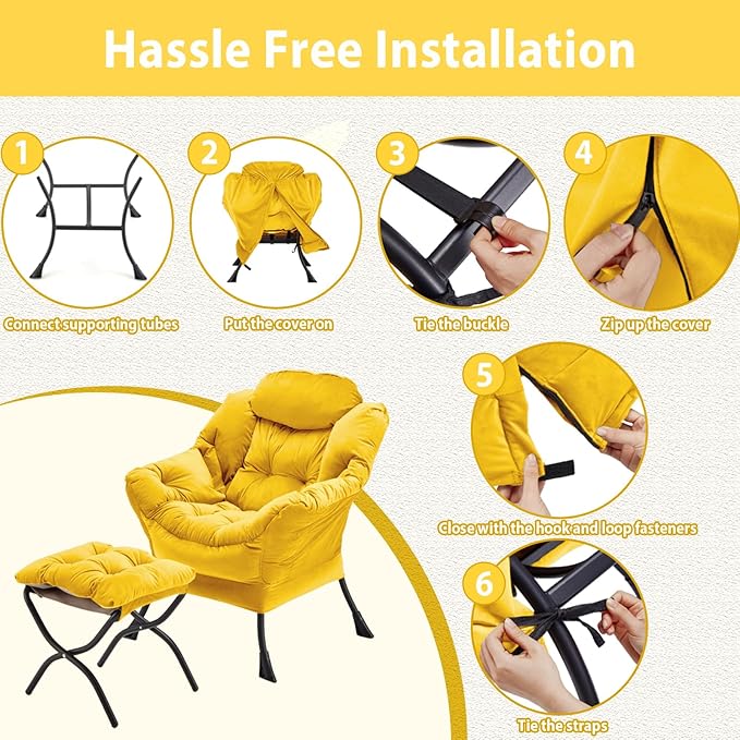 Lazy Chair with Folding Ottoman, Accent Chair Velvet Upholstered with Metal Structure and Non-Slip Pads, Sofa Armchair with Footrest and Side Storage Bag for Dorm, Room, Office, Yellow - LeafyLoom