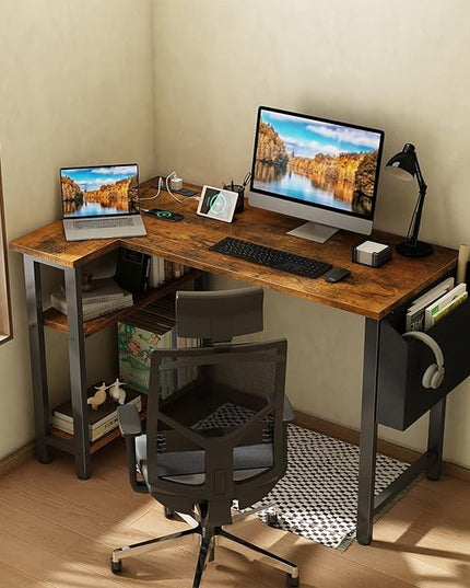 Lufeiya Small L Shaped Desk with Power Outlet Shelves, 40 Inch Corner Desk for Small Space Home Office, L-Shaped Computer Desk PC Desks with Charging Station, Rustic Brown - LeafyLoom