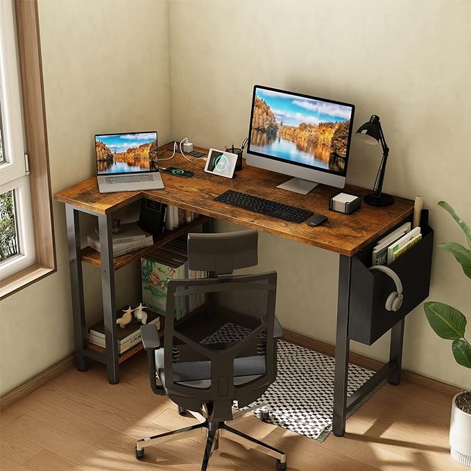 Lufeiya Small L Shaped Desk with Power Outlet Shelves, 40 Inch Corner Desk for Small Space Home Office, L-Shaped Computer Desk PC Desks with Charging Station, Rustic Brown - LeafyLoom