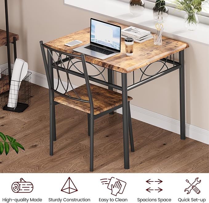 Dining Table Set for 2, Kitchen Table and Chairs for 2, Square Dining Room Table Set with 2 Metal and Wood Chairs, Kitchen Table Set for Small Space, Apartment, Rustic Brown - LeafyLoom