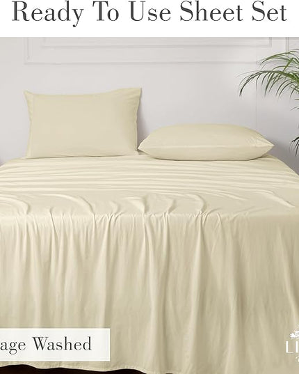 Linen Home Washed Cotton Percale King Sheet Set, Ivory, Deep Pocket, 4 Pieces Bed Sheets - 1 Flat Sheet, 1 Fitted Sheet & 2 Envelope Closure Pillowcases, Cool and Comfortable Bed Linen - LeafyLoom