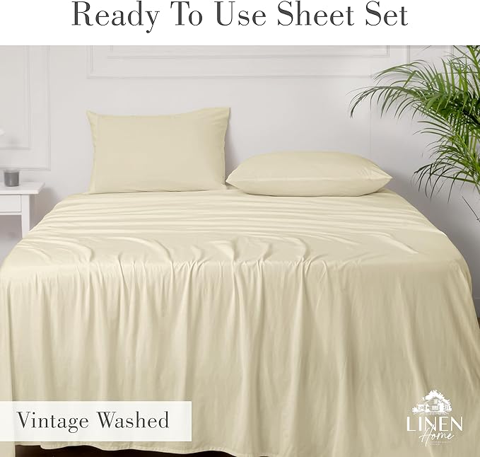 Linen Home Washed Cotton Percale King Sheet Set, Ivory, Deep Pocket, 4 Pieces Bed Sheets - 1 Flat Sheet, 1 Fitted Sheet & 2 Envelope Closure Pillowcases, Cool and Comfortable Bed Linen - LeafyLoom