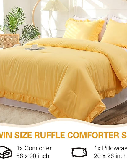 Yellow Double Ruffle Comforter Set Twin Size (66x90 Inch), 2 Pcs Farmhouse Vintage Comforter Set (1 Ruffled Comforter and 1 Pillowcase), Rustic All Season Down Alternative Bedding Set - LeafyLoom