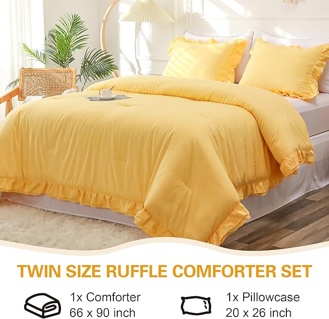 Yellow Double Ruffle Comforter Set Twin Size (66x90 Inch), 2 Pcs Farmhouse Vintage Comforter Set (1 Ruffled Comforter and 1 Pillowcase), Rustic All Season Down Alternative Bedding Set - LeafyLoom