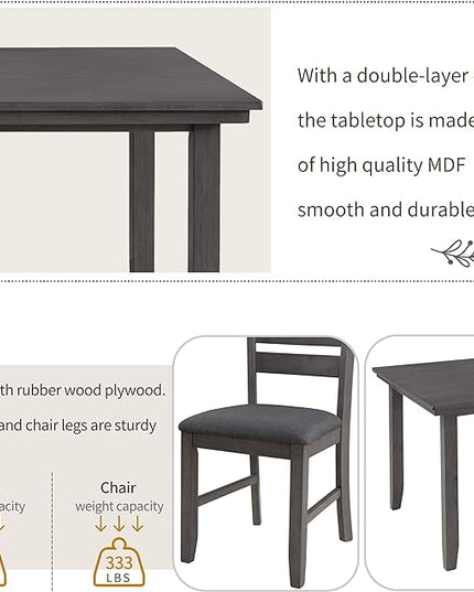 Dining Table Set for 6, Kitchen Table Chairs Set of 6 with Backrest, Rustic Wood Dining Room Table Set for Living Room and Kitchen, Dark Grey - LeafyLoom