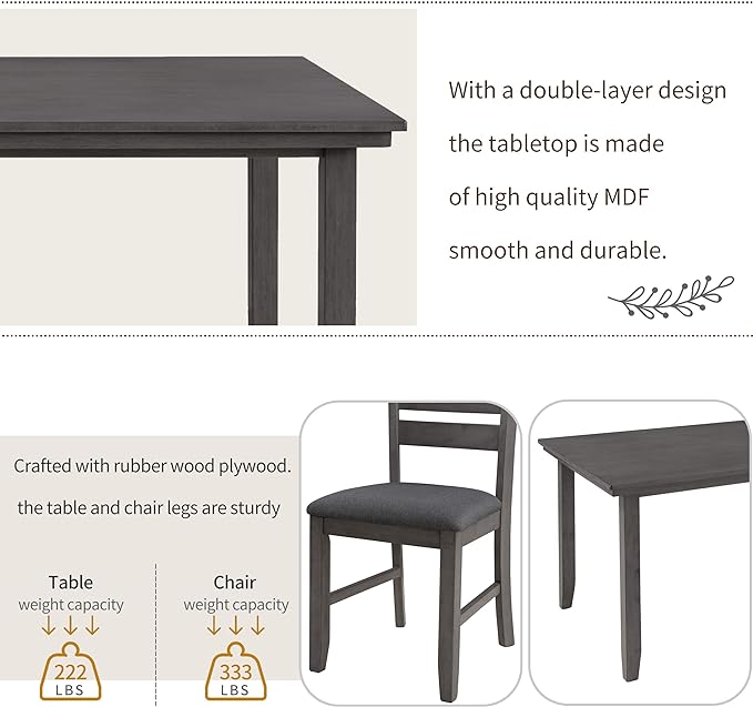 Dining Table Set for 6, Kitchen Table Chairs Set of 6 with Backrest, Rustic Wood Dining Room Table Set for Living Room and Kitchen, Dark Grey - LeafyLoom