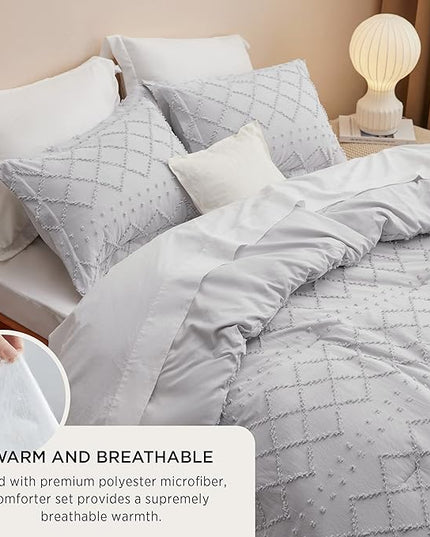 Bedsure Queen Comforter Set - Light Grey Comforter, Boho Tufted Shabby Chic Bedding Comforter Set, 3 Pieces Vintage Farmhouse Bed Set for All Seasons, Fluffy Soft Bedding Set with 2 Pillow Shams - LeafyLoom